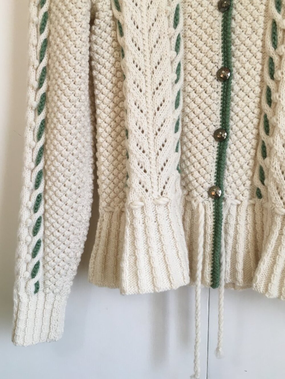 Vintage Hand-Knit Peplum Cardigan Sweater S Cream Sage Green Cable Whimsigoth - Picture 5 of 16